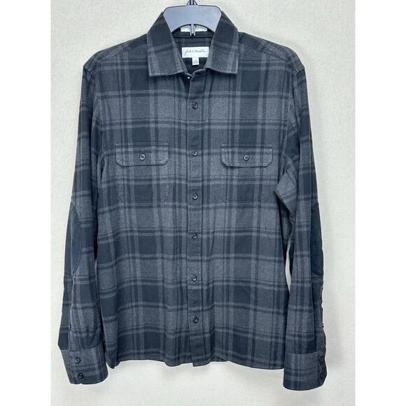 John W Nordstrom Mens Medium Black Gray Plaid Elbow Patch Flannel Shirt - Picture 1 of 13